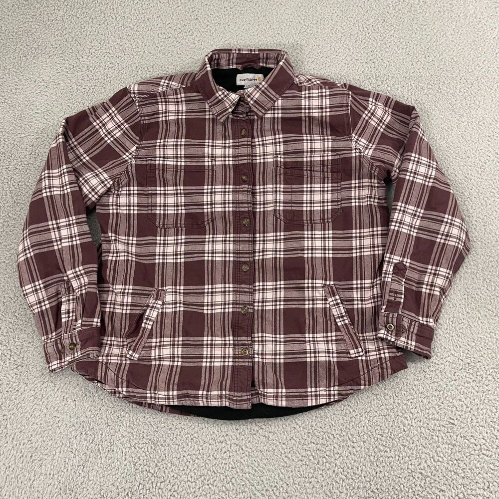 Carhartt Fleece Lined Flannel Shirt Women L Maroon Workwear‎ Button Shacket
